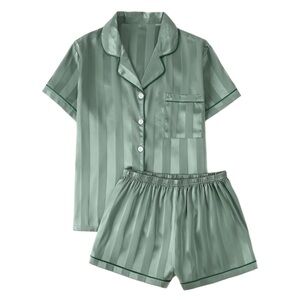 A Classy Chic Boutique Sage Green Satin Stripe Short Pajama Set